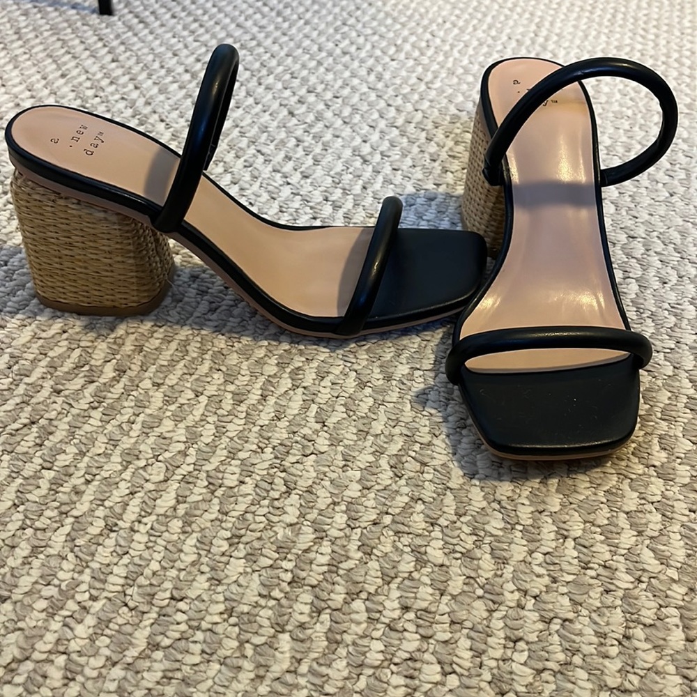 Black strap heels with raffia heel